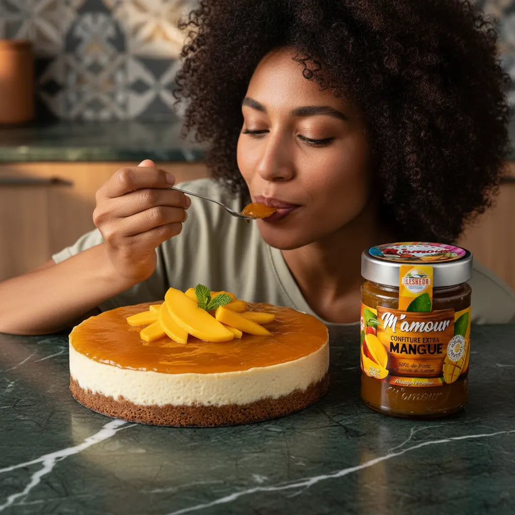 Femme dégustant un cheesecake à la confiture de mangue M'AMOUR, confiture tropicale onctueuse idéale pour desserts et collations sucrées.